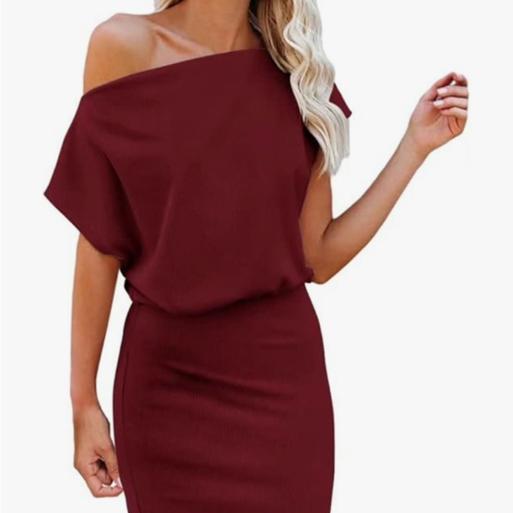 Amazon essentials Xl maroon off shoulder knit midi dress short sleeve